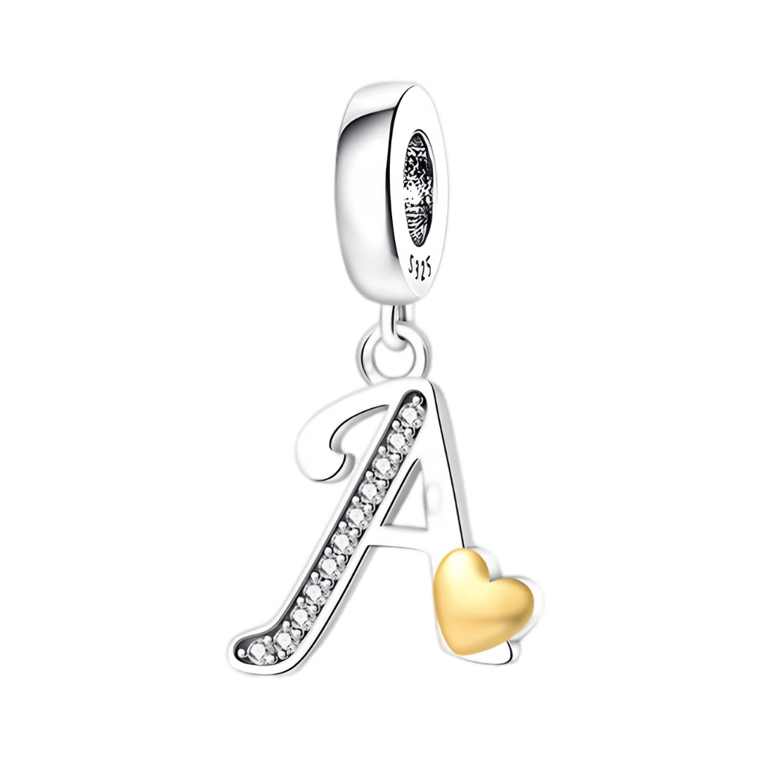 Gold Heart Alphabet Dangle Charm A–Z (DISCONTINUED) with sparkling accents and golden heart detail.