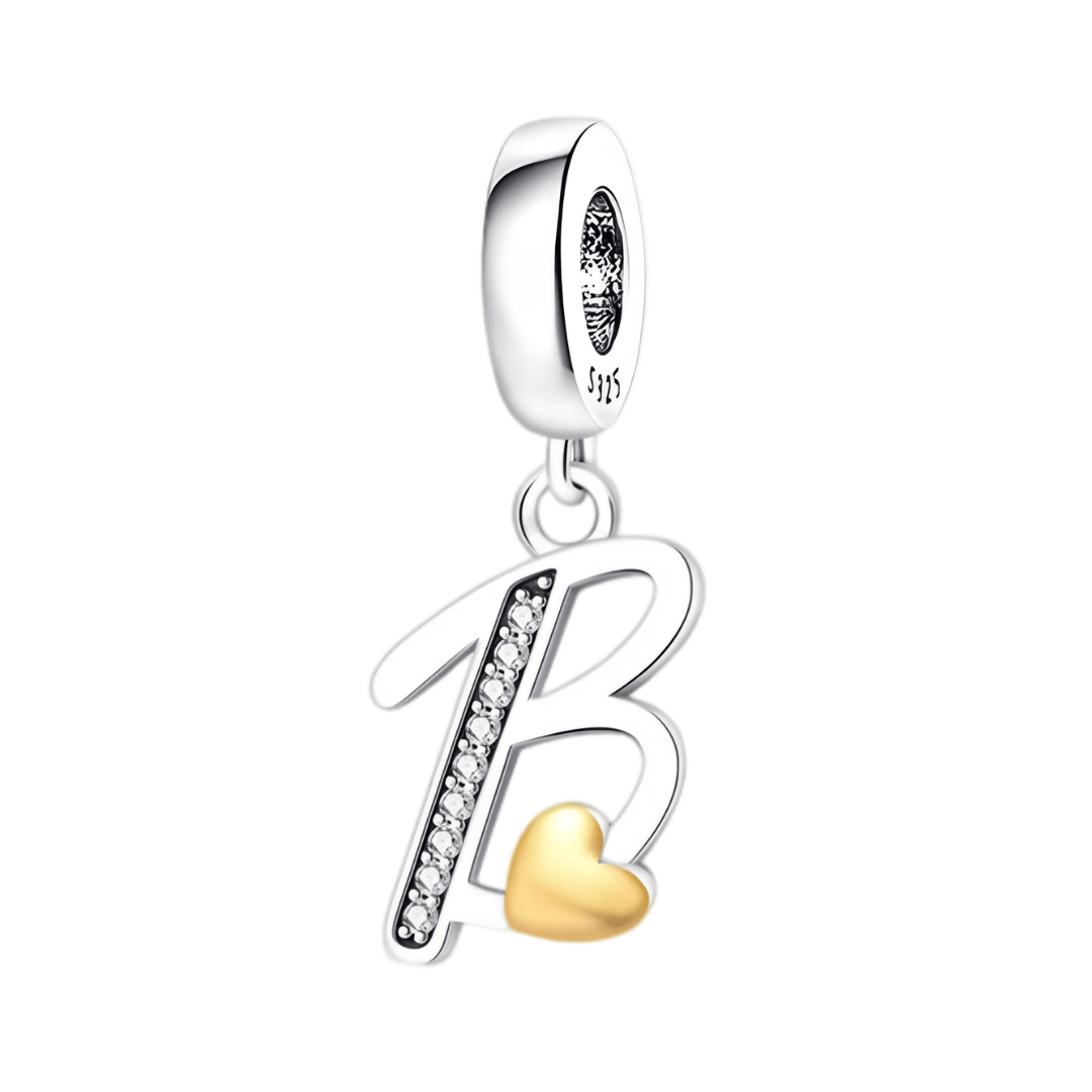 Gold Heart Alphabet Dangle Charm A–Z (DISCONTINUED) silver letter B charm with golden heart detail.