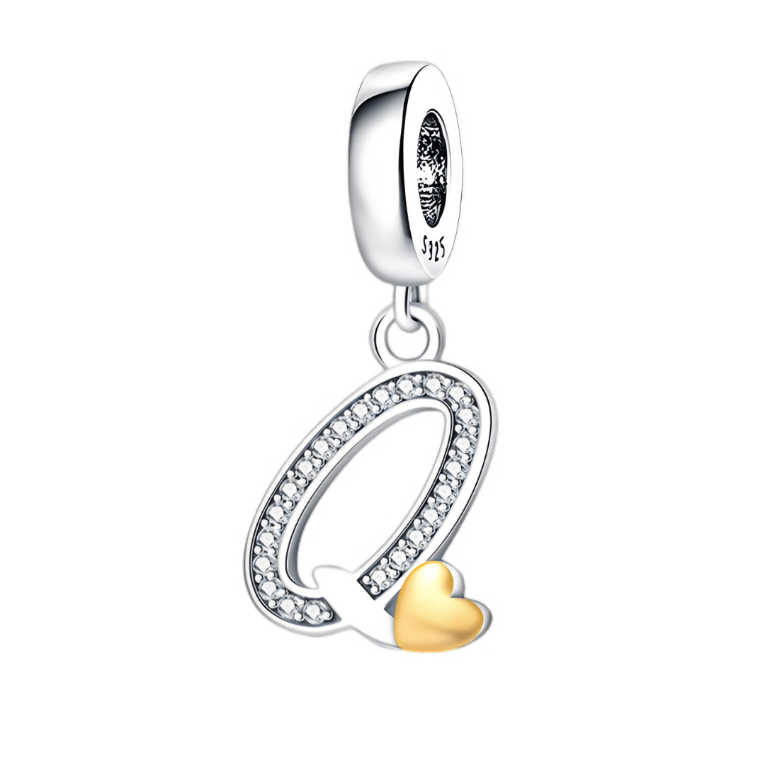 Gold Heart Alphabet Dangle Charm A–Z (DISCONTINUED) featuring Q letter with sparkling accents and golden heart detail.