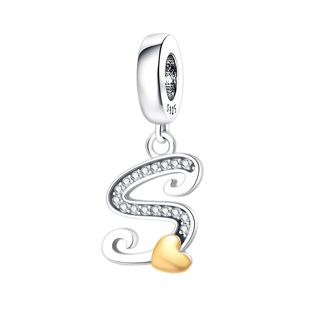 Gold Heart Alphabet Dangle Charm A–Z (DISCONTINUED) stylish silver 'S' charm with sparkling accents and golden heart.