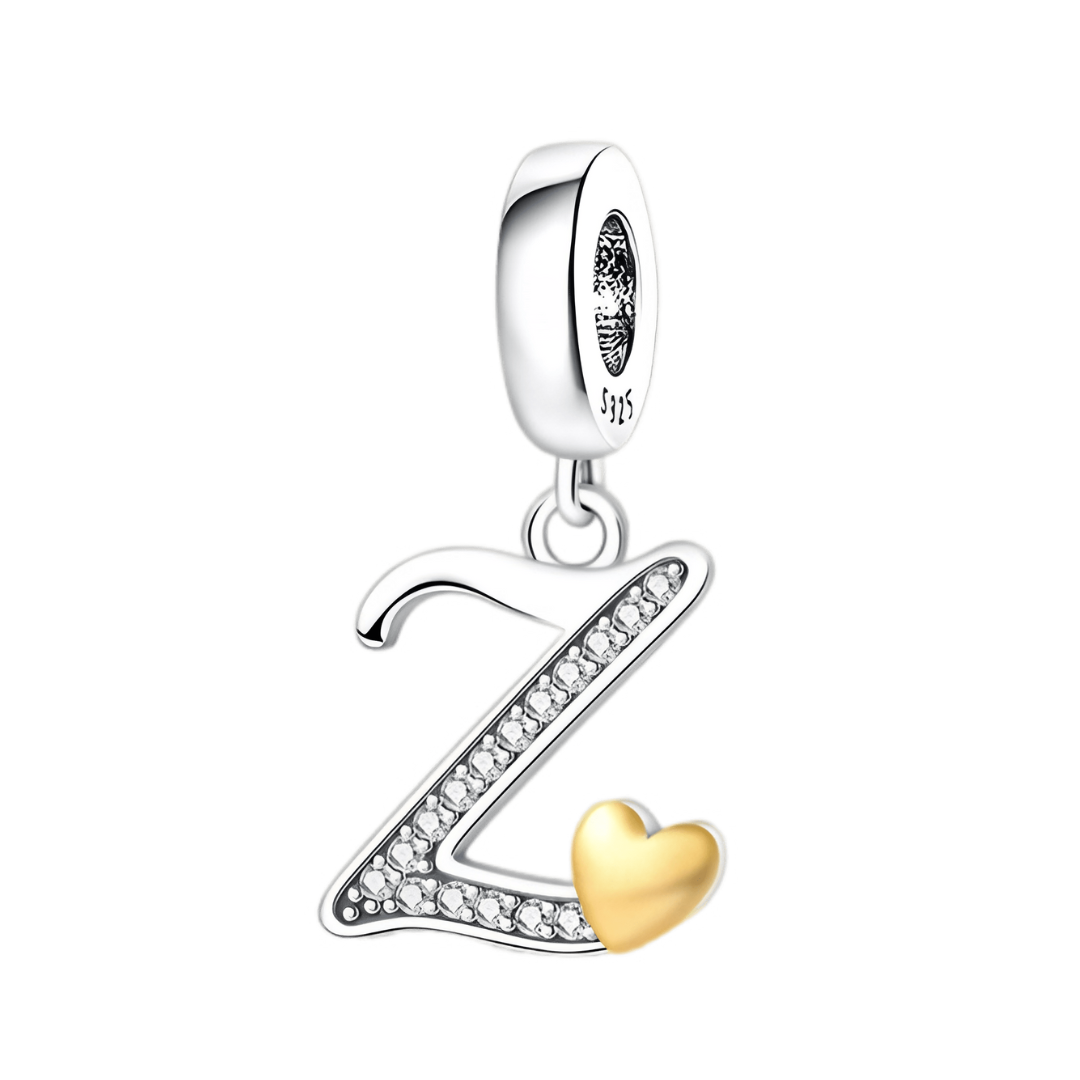 Gold Heart Alphabet Dangle Charm A–Z (DISCONTINUED) featuring a sparkling letter Z and golden heart.