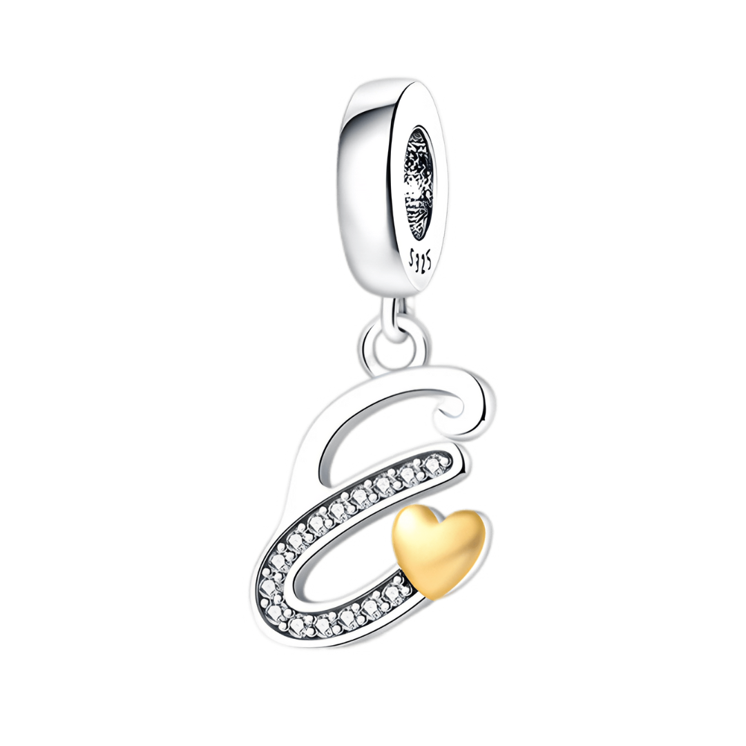 Gold Heart Alphabet Dangle Charm A–Z (DISCONTINUED) letter E with golden heart and sparkling accents
