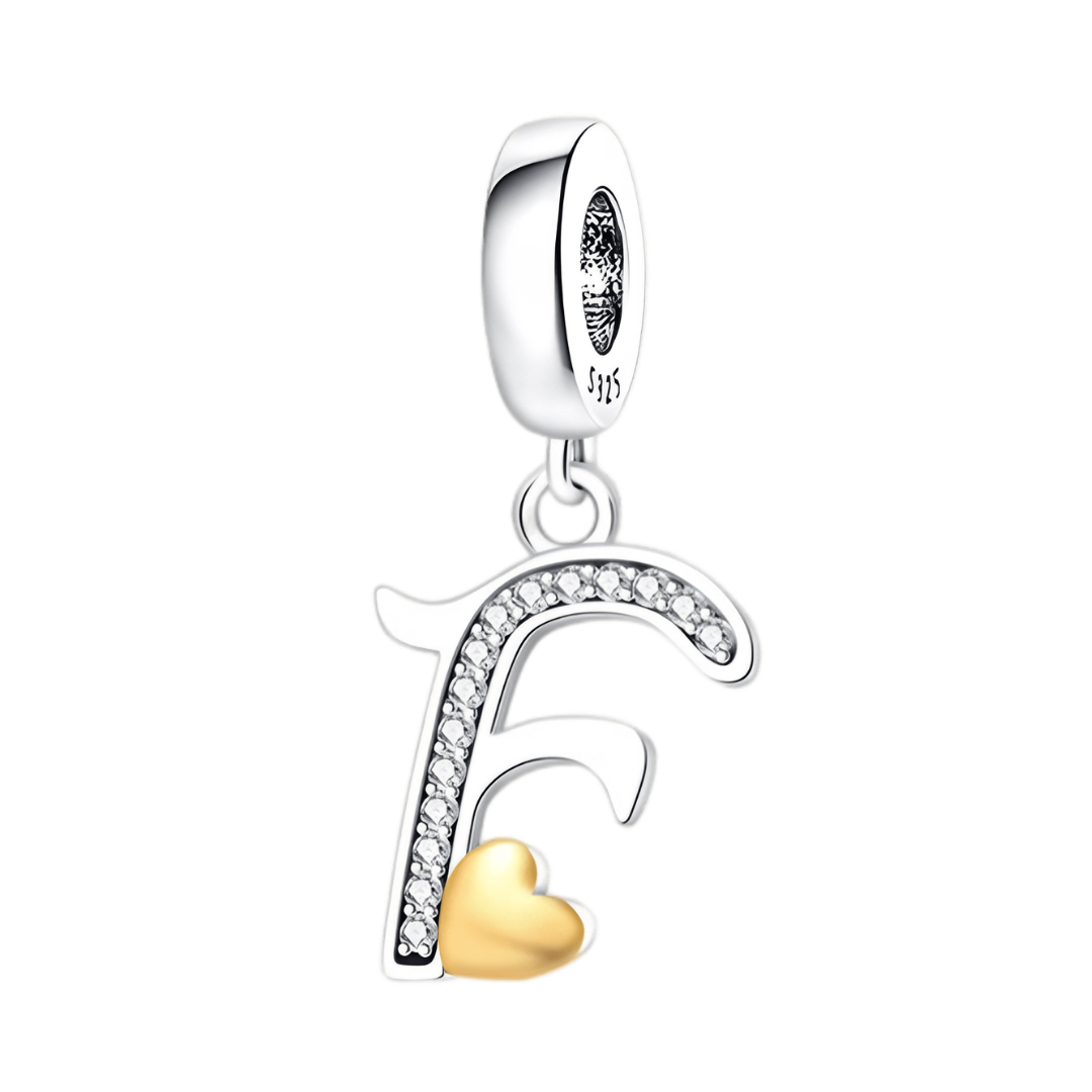 Gold Heart Alphabet Dangle Charm A–Z (DISCONTINUED) with sparkling letter F and golden heart detail.