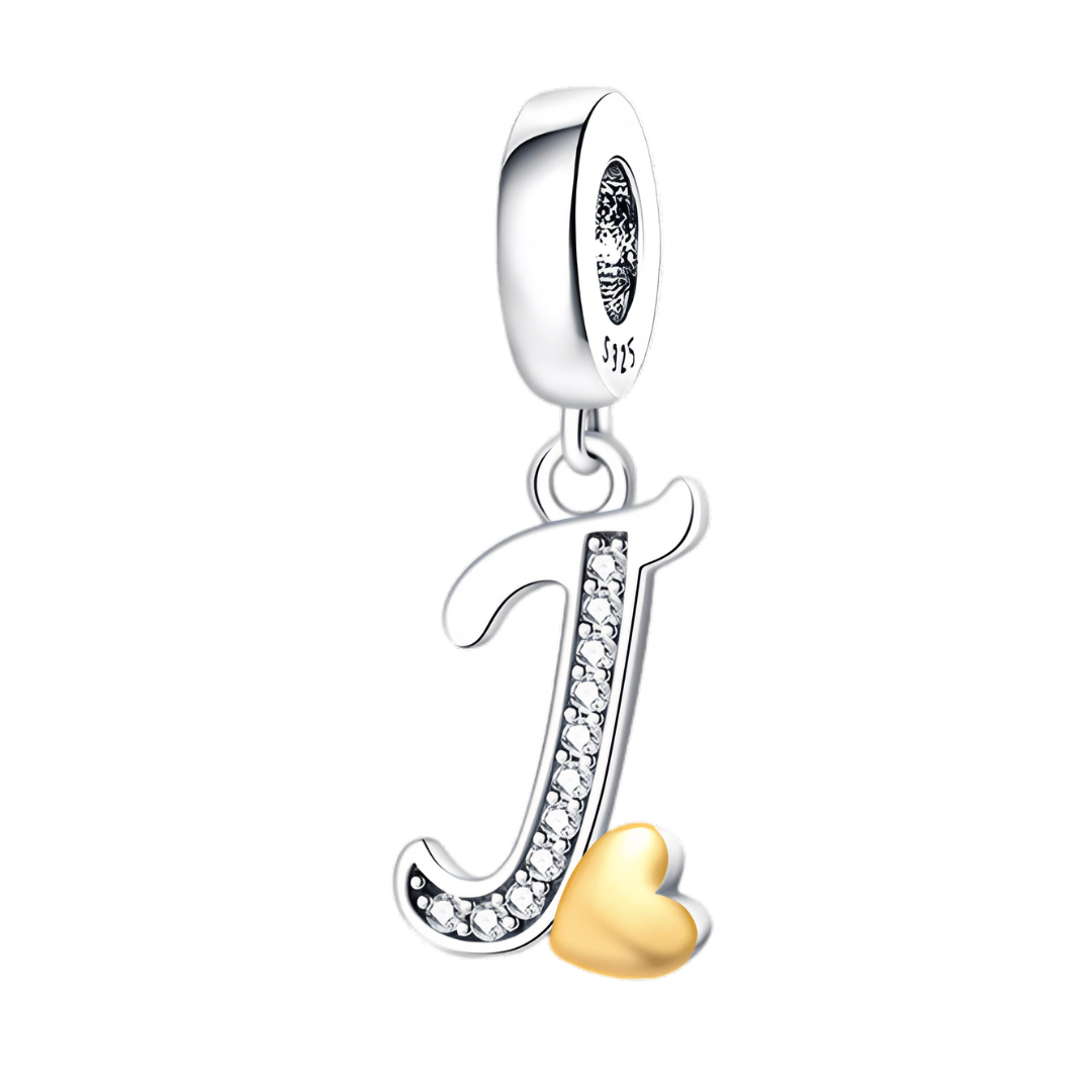 Gold Heart Alphabet Dangle Charm A–Z (DISCONTINUED) charm featuring a sparkling letter J with a golden heart.
