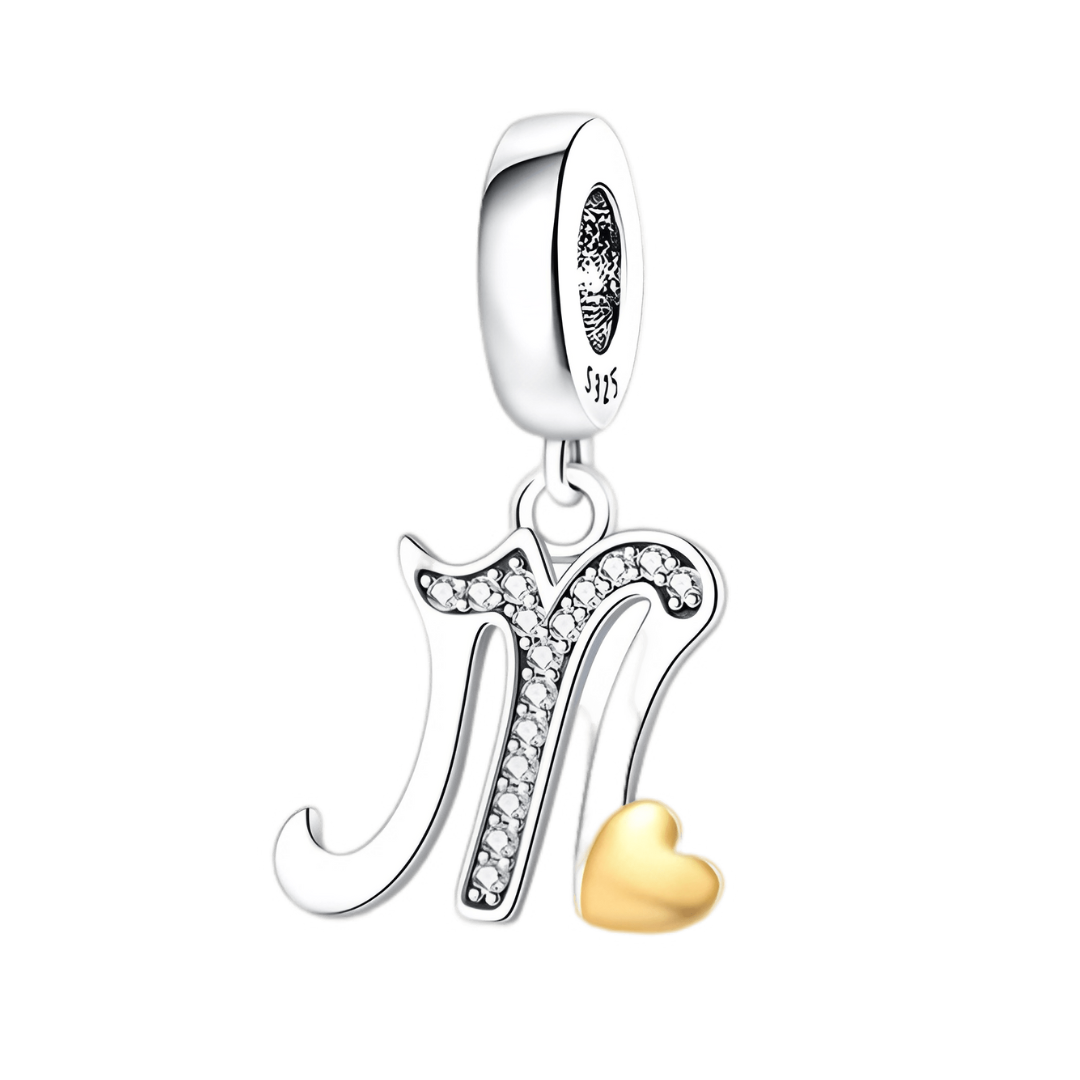 Gold Heart Alphabet Dangle Charm A–Z (DISCONTINUED) silver letter M with golden heart charm