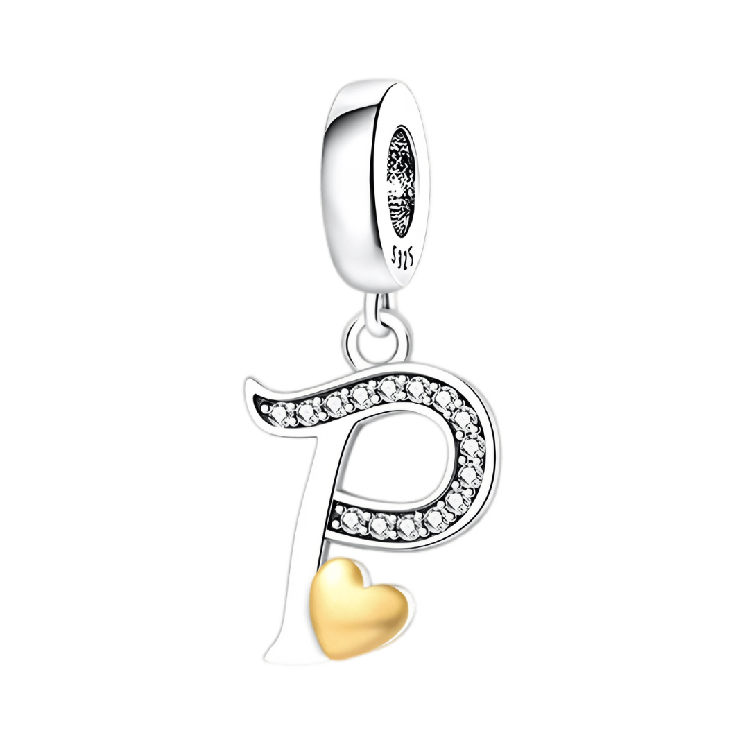 Gold Heart Alphabet Dangle Charm A–Z (DISCONTINUED) featuring the letter P with a golden heart accent.