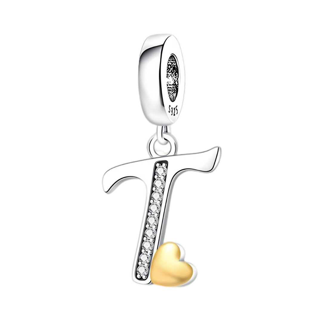 Gold Heart Alphabet Dangle Charm A–Z (DISCONTINUED) with letter T and golden heart detail.