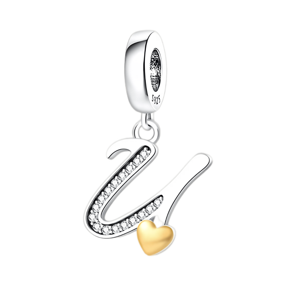 Gold Heart Alphabet Dangle Charm A–Z (DISCONTINUED) with letter U and golden heart detail, sparkling accents.