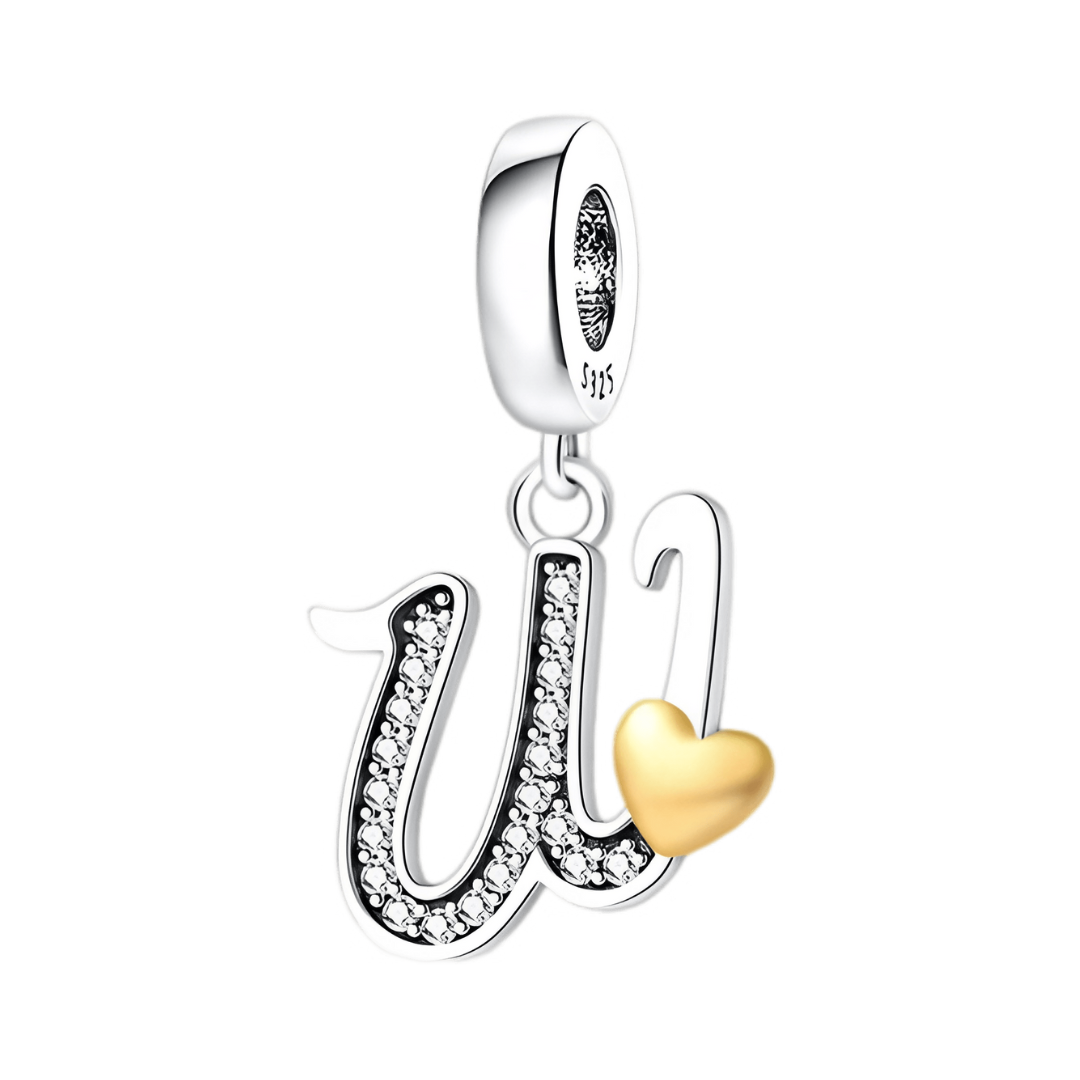 Gold Heart Alphabet Dangle Charm A–Z (DISCONTINUED) featuring the letter W with sparkling accents and a golden heart.