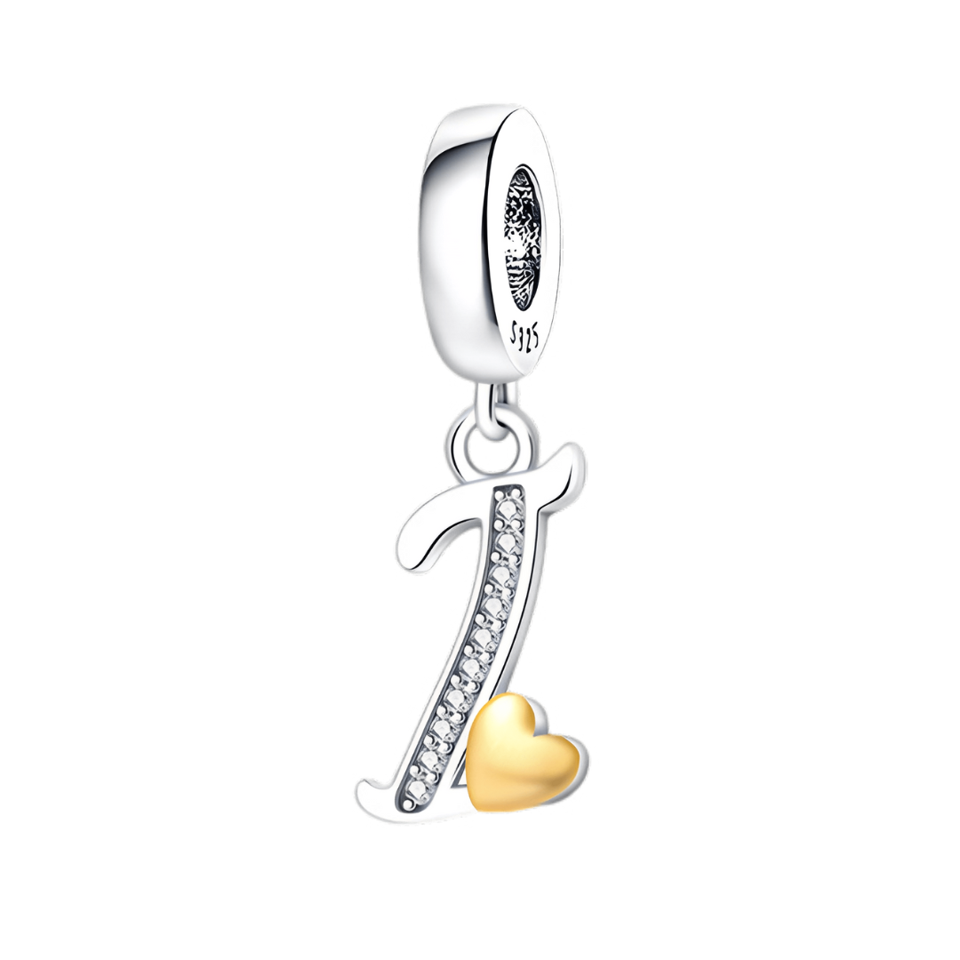 Gold Heart Alphabet Dangle Charm A–Z (DISCONTINUED) featuring letter J with sparkling accents and a golden heart.