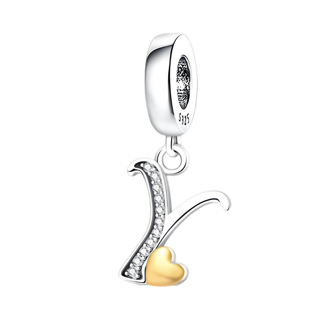Gold Heart Alphabet Dangle Charm A–Z (DISCONTINUED) stylish letter K charm with silver finish and golden heart details.