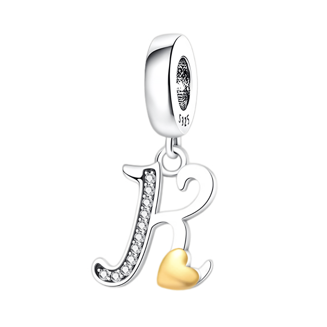 Gold Heart Alphabet Dangle Charm A–Z (DISCONTINUED) silver 'K' letter charm with golden heart accents and sparkling details.