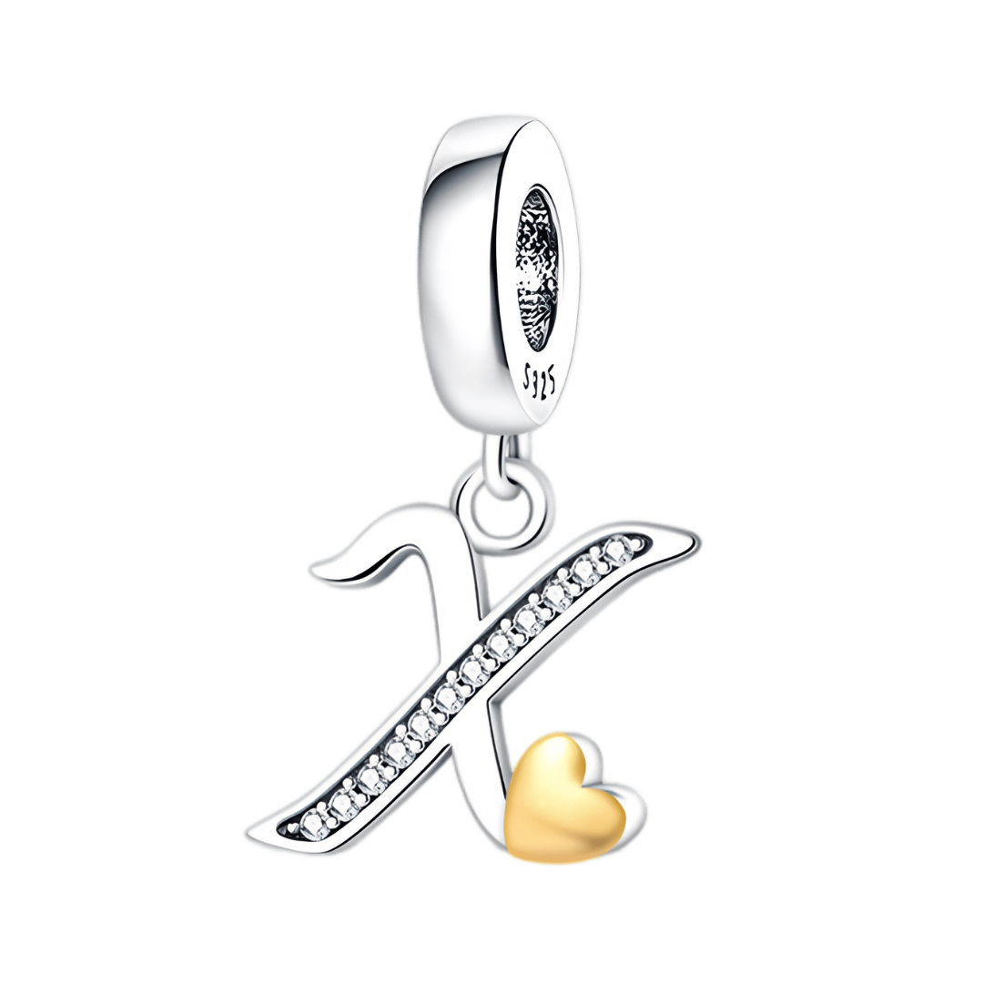 Gold Heart Alphabet Dangle Charm A–Z (DISCONTINUED) featuring letter X with silver finish and golden heart detail.