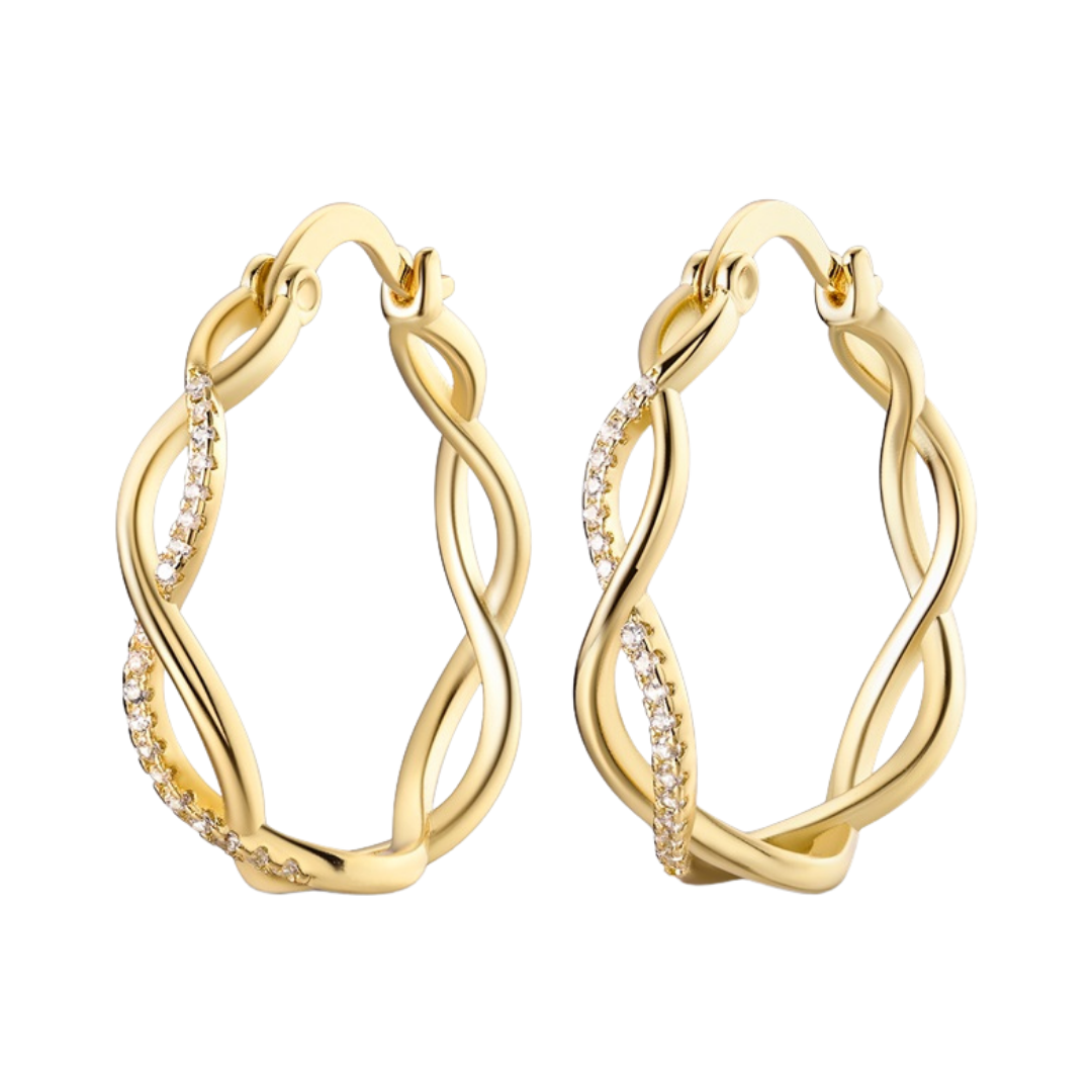 Gold Infinity Twist Hoop Earrings featuring a modern twisted design with sparkling accents.
