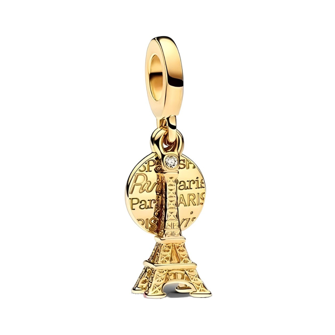 Gold Paris Eiffel Tower Dangle Charm featuring a detailed Eiffel Tower and engraved Paris disc with crystal.