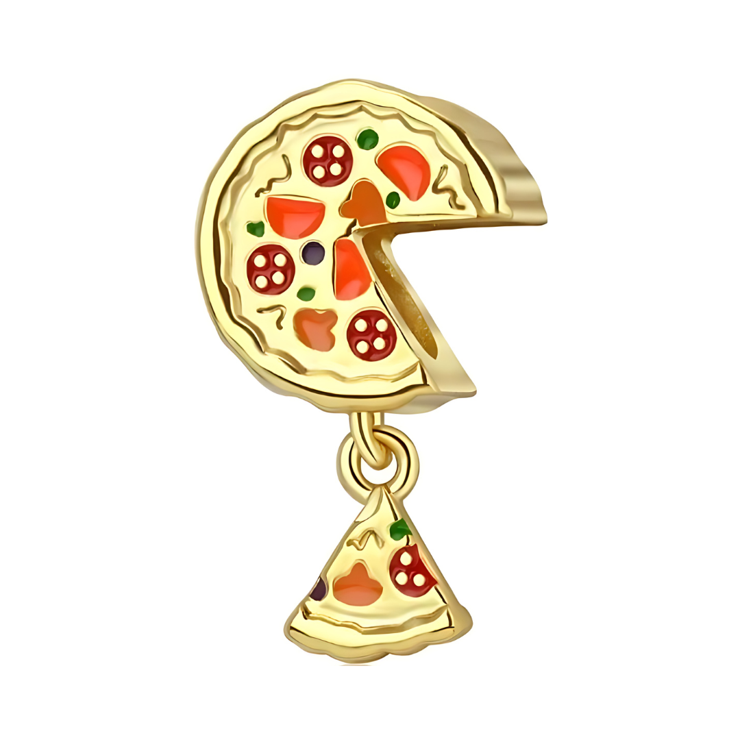Gold Pizza & Slice Dangle Charm featuring a playful pizza charm with a dangling slice below.