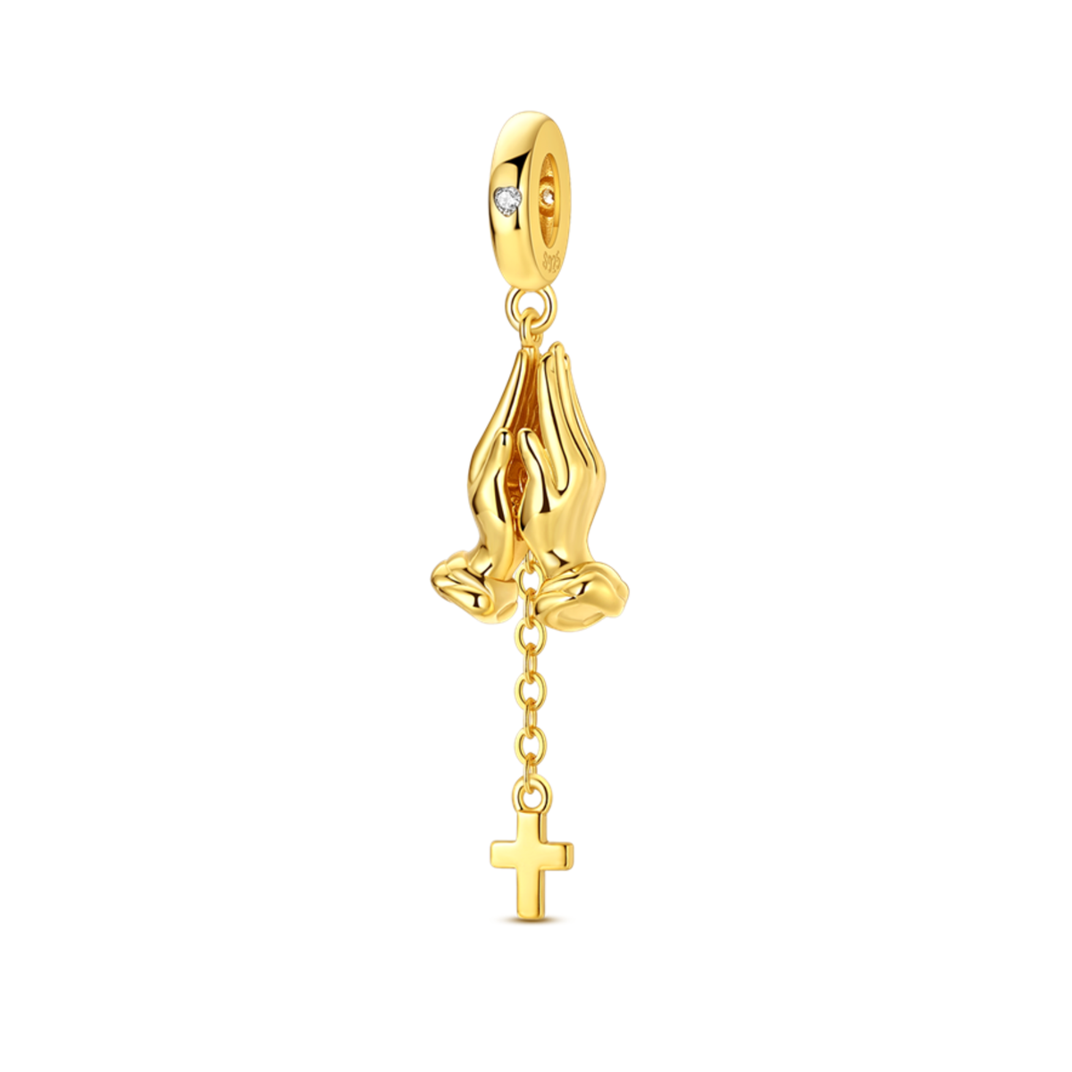 Gold Praying Hands & Cross Dangle Charm featuring intricate gold praying hands and a dangling cross.