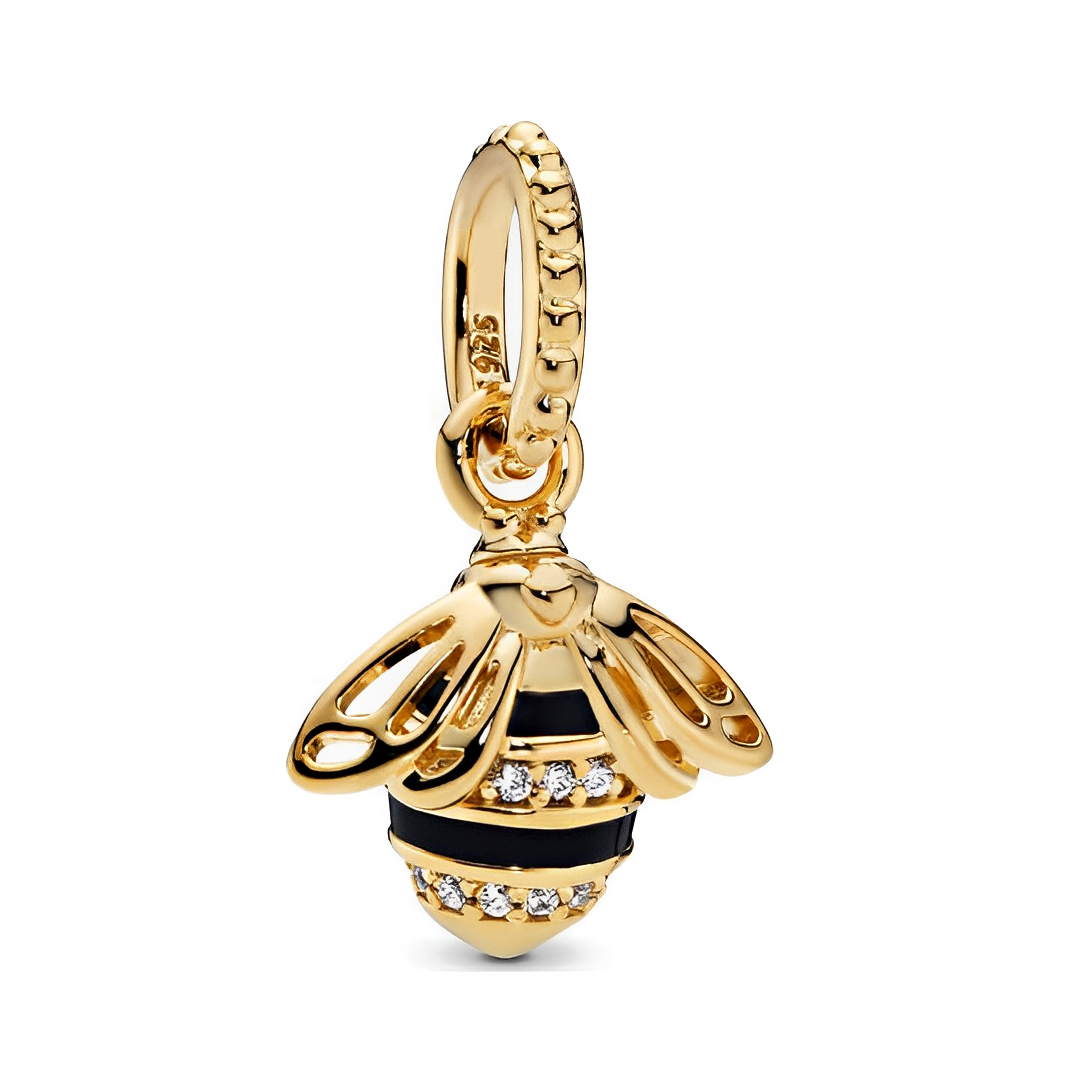 Gold Queen Bee Sparkling Pendant featuring a detailed gold bumblebee with crystal accents and black enamel.