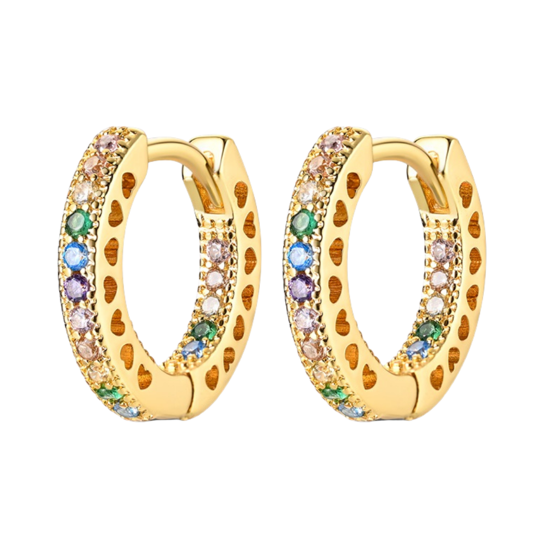 Gold Rainbow Zircon Hoop Earrings featuring vibrant gemstones and a classic gold hoop design.