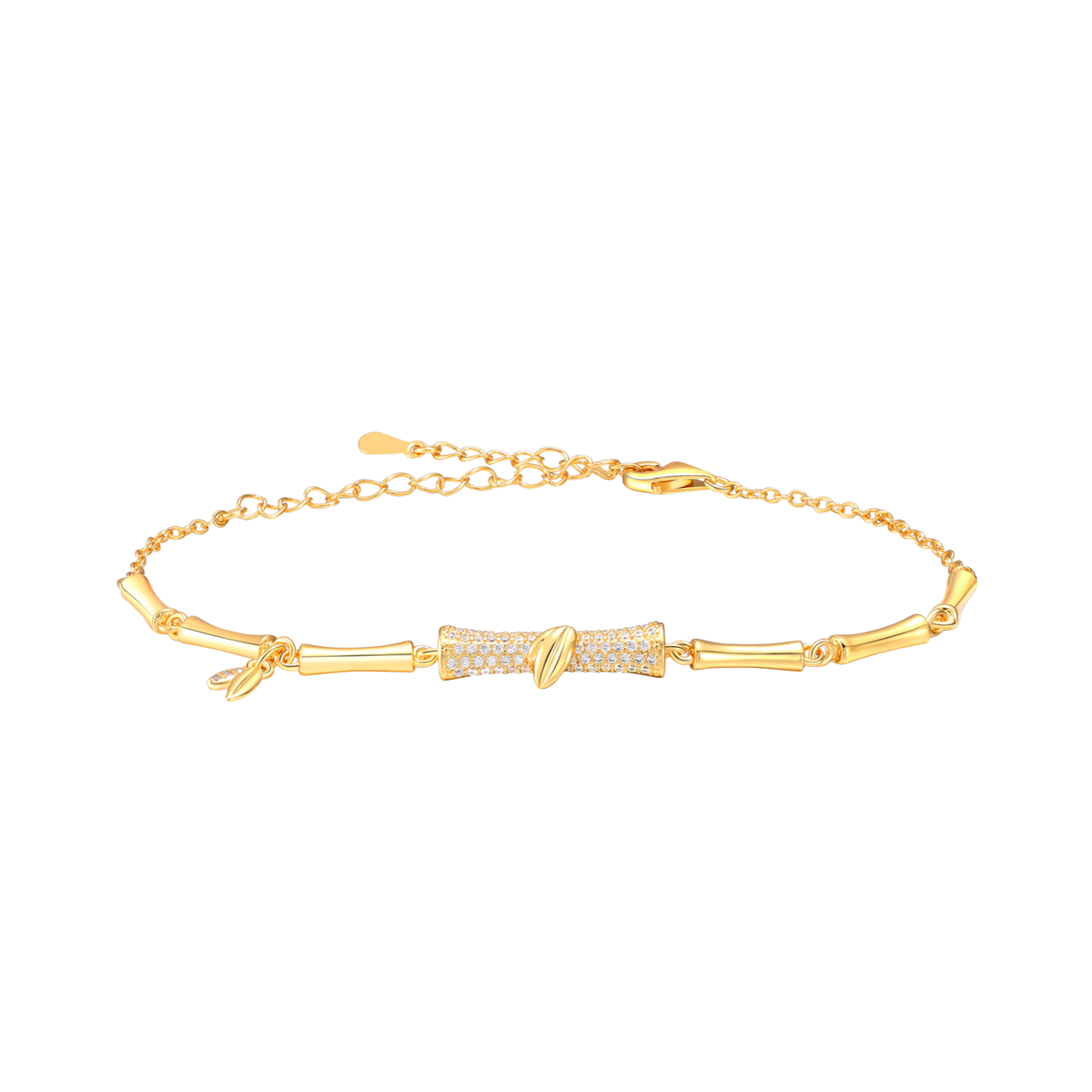 Gold Sparkling Bamboo Bracelet featuring polished gold bamboo and a pavé center with leaf charm.
