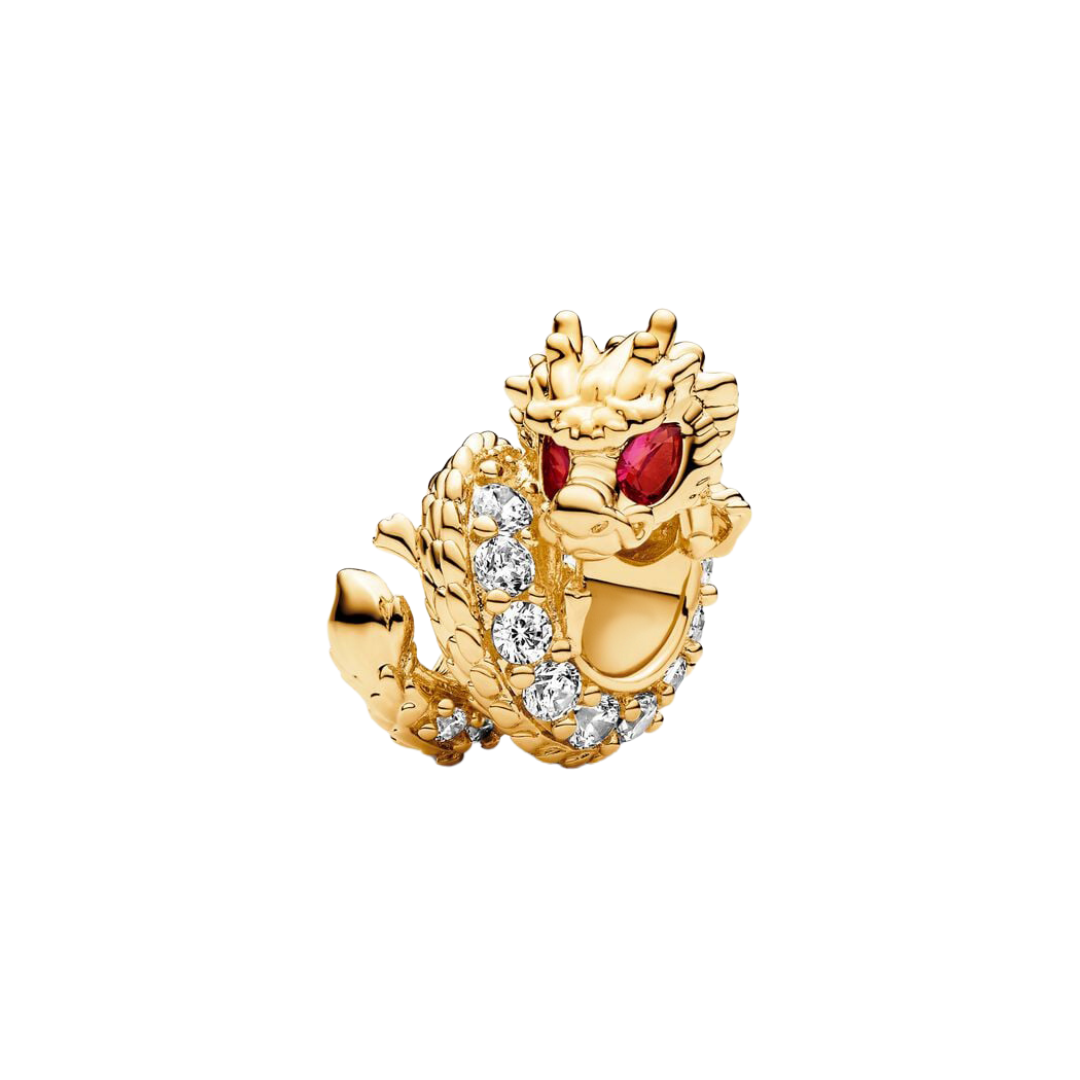 Gold Sparkling Chinese Dragon Charm featuring ruby red eyes and clear pavé stones detailing.