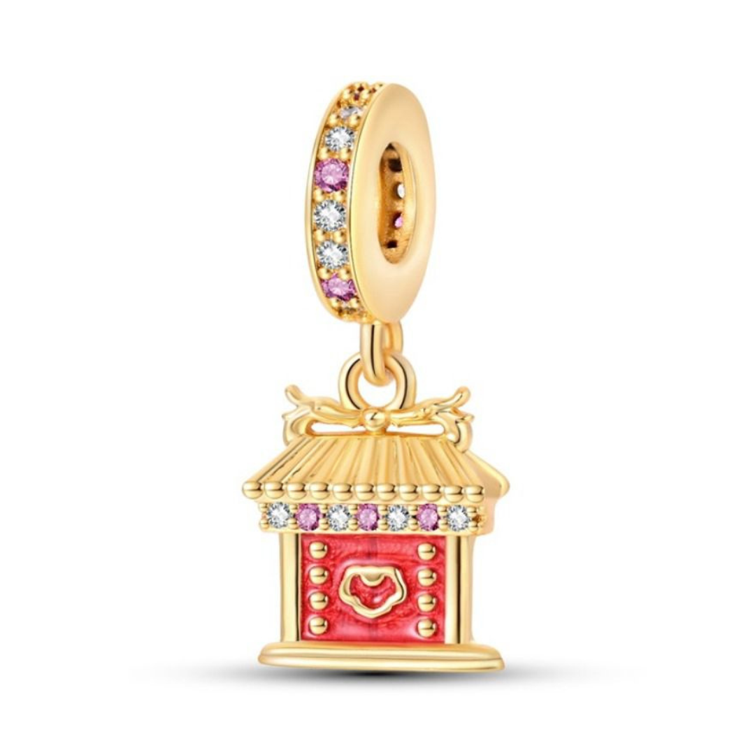 Gold Sparkling Chinese Temple Dangle Charm featuring a gold pagoda design with crystals and red enamel details