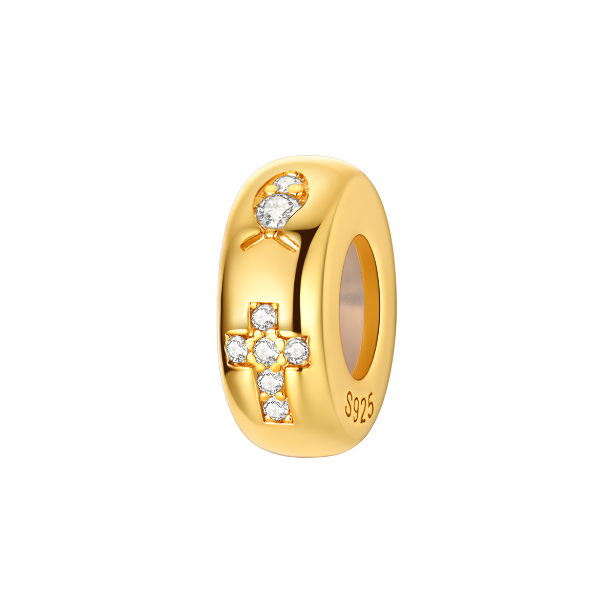 Gold Sparkling Cross Faith Spacer Charm with clear stones and heart detail on polished gold barrel.