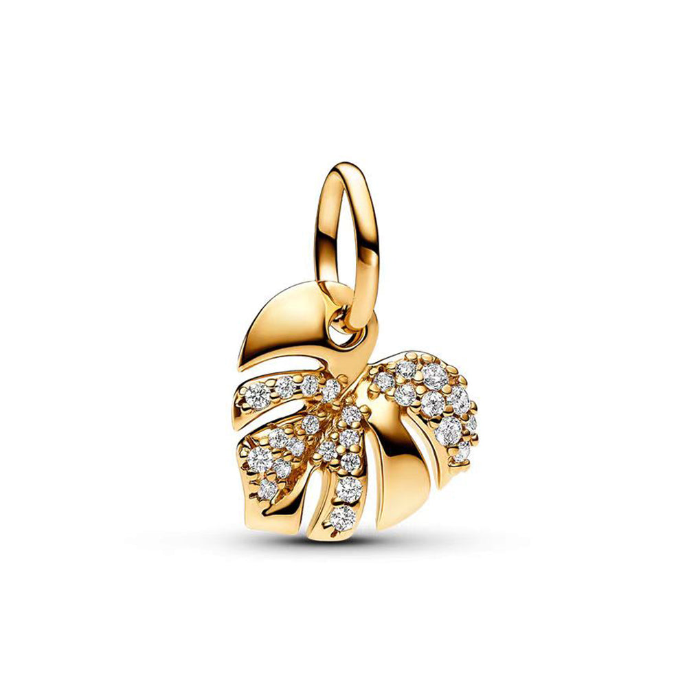 Gold Sparkling Monstera Leaf Pendant with sparkling pavé stones and detailed vein lines.
