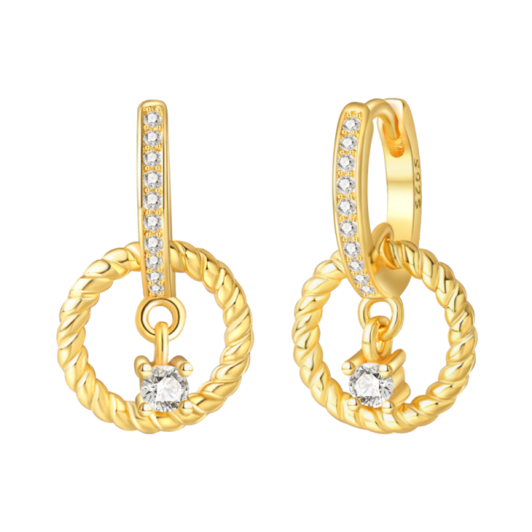 Gold Sparkling Rope Circle Drop Hoop Earrings with sparkling details and textured design.