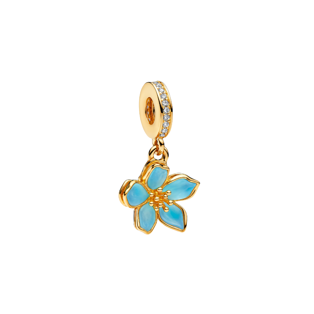 Golden Blue Cherry Blossom Dangle Charm featuring a delicate blue flower design in gold and sparkling accents.