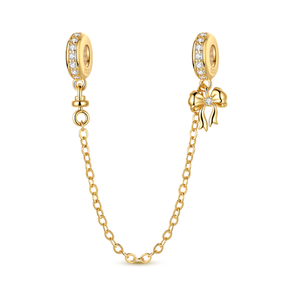 Golden Bow Safety Chain featuring sparkling clips and a decorative bow, adding elegance and security for charm collectors.