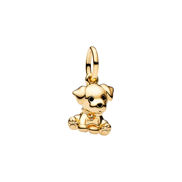 Golden Cute Puppy Dangle Charm in radiant gold tones, featuring an adorable sitting puppy with expressive eyes.