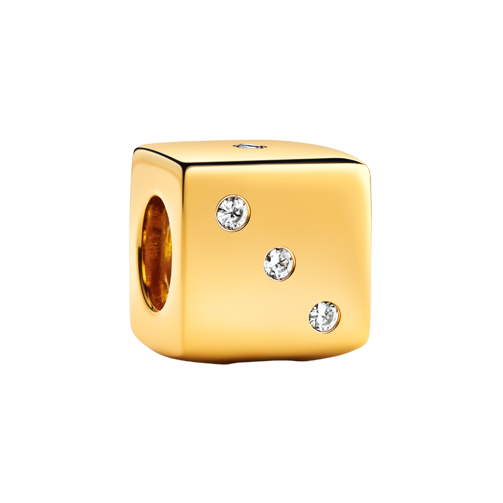 Golden Dice Charm featuring gold finish and sparkling stones, perfect for symbolizing luck and adventure.