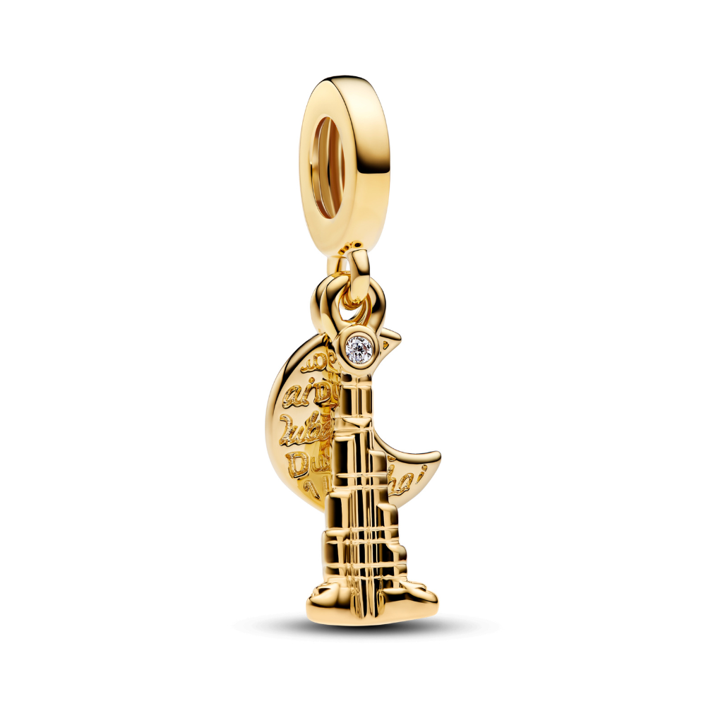 Golden Dubai skyline dangle charm in gold-plated silver with Burj Khalifa, crescent moon, and cubic zirconia accent