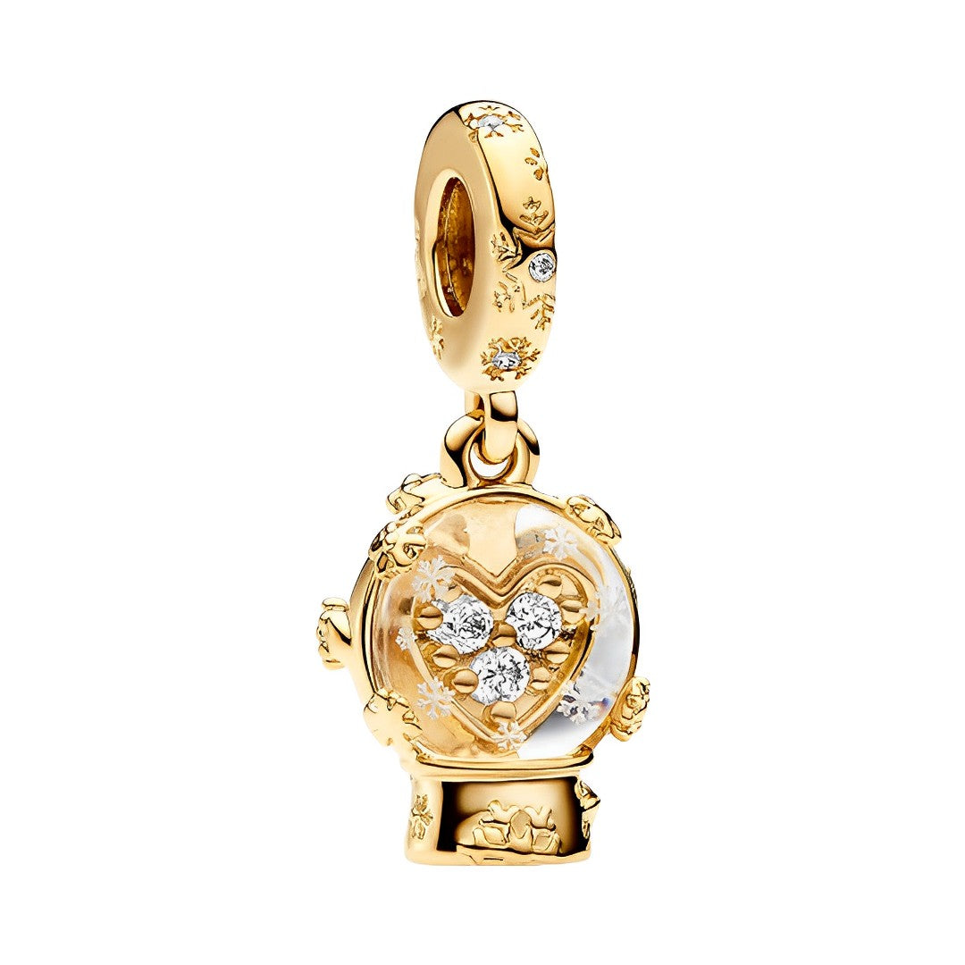 Golden Heart Snow globe Dangle Charm featuring a golden heart and sparkling details in a snow globe design.