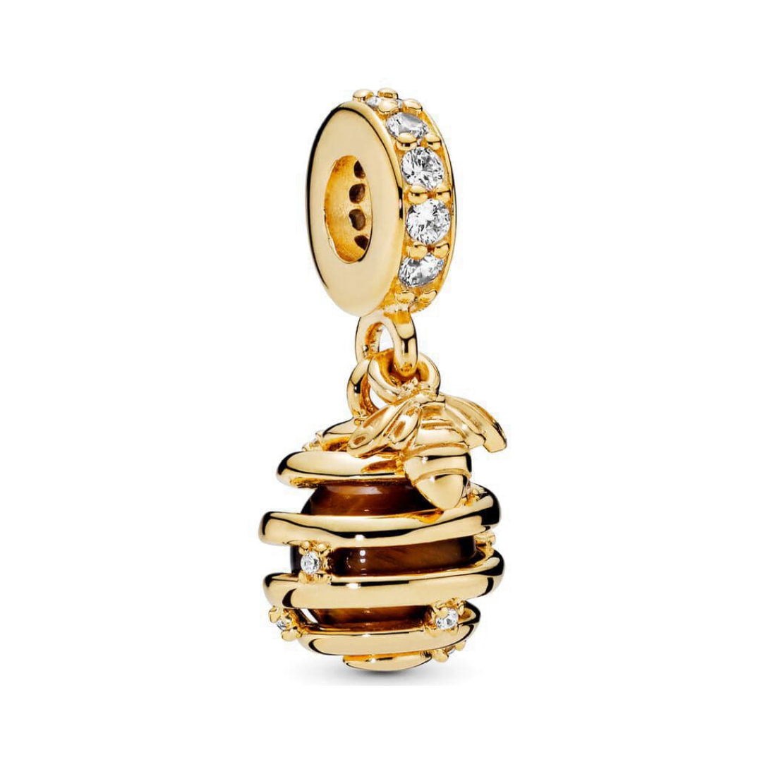 Golden Honey Beehive Dangle Charm with a textured golden design and a bee atop the amber-colored stone.