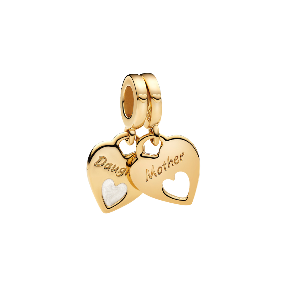 Golden Mother and Daughter Double Heart Dangle Charm featuring engraved hearts for Mother and Daughter.