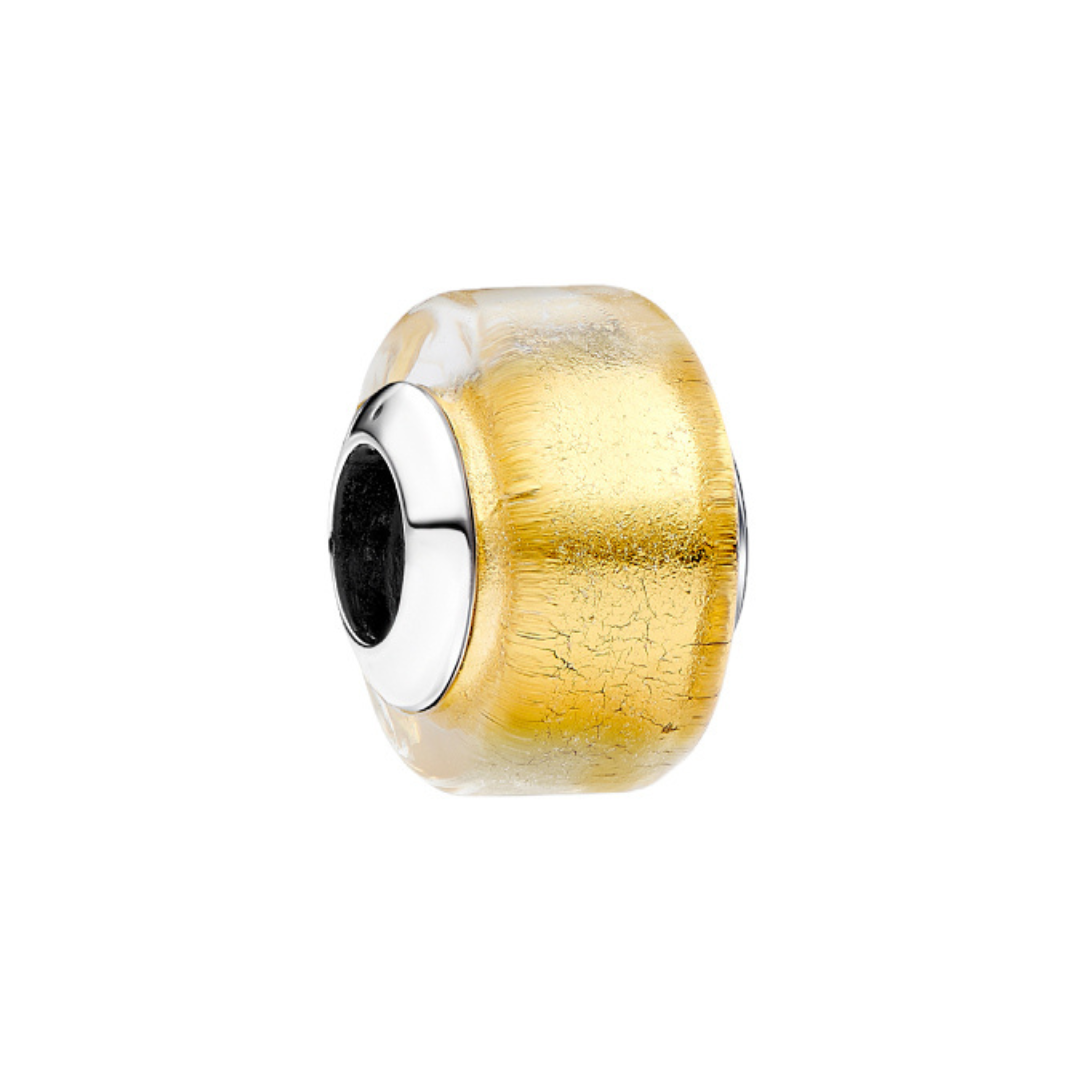 Golden Murano Glass Charm showcasing rich golden foil encased in clear glass with polished silver end caps.