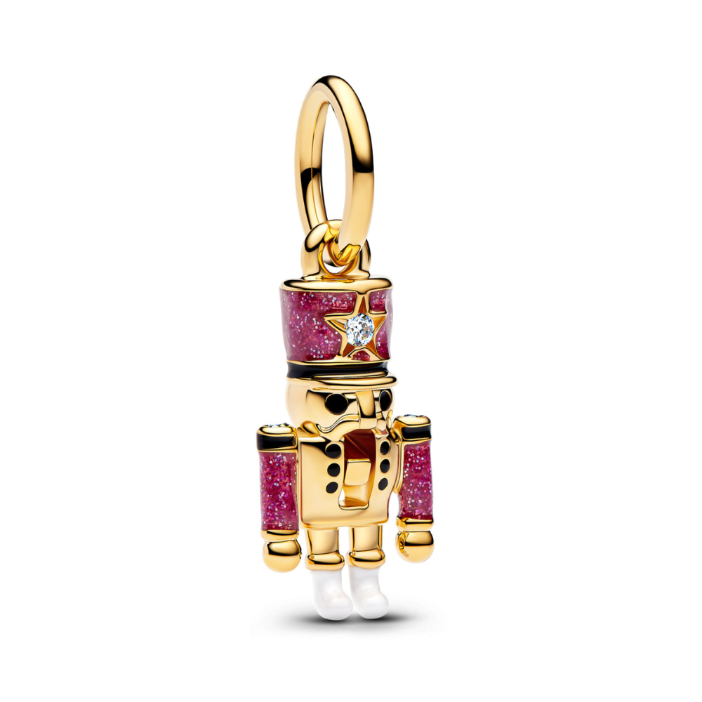 Golden Nutcracker Dangle Charm featuring gold metal, red enamel, and zircon accents for Christmas bracelets.