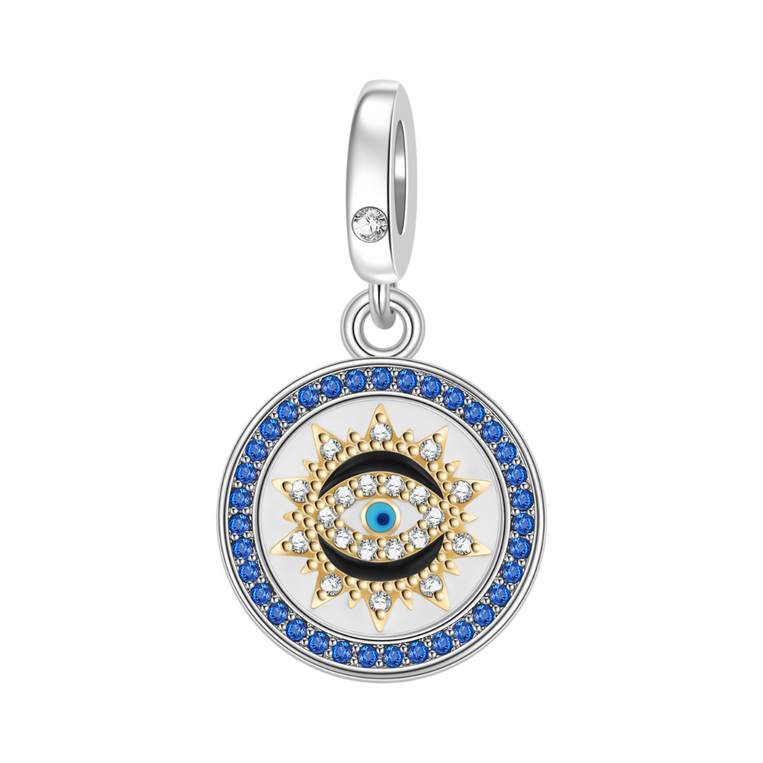 Golden Sun Evil Eye Dangle Charm with blue gems and sparkling stones, symbolizing protection and spirituality.