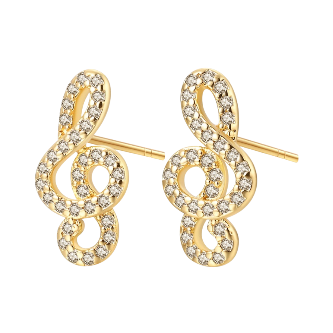 Golden Treble Clef Stud Earrings with sparkling rhinestones, perfect for music lovers and performers.