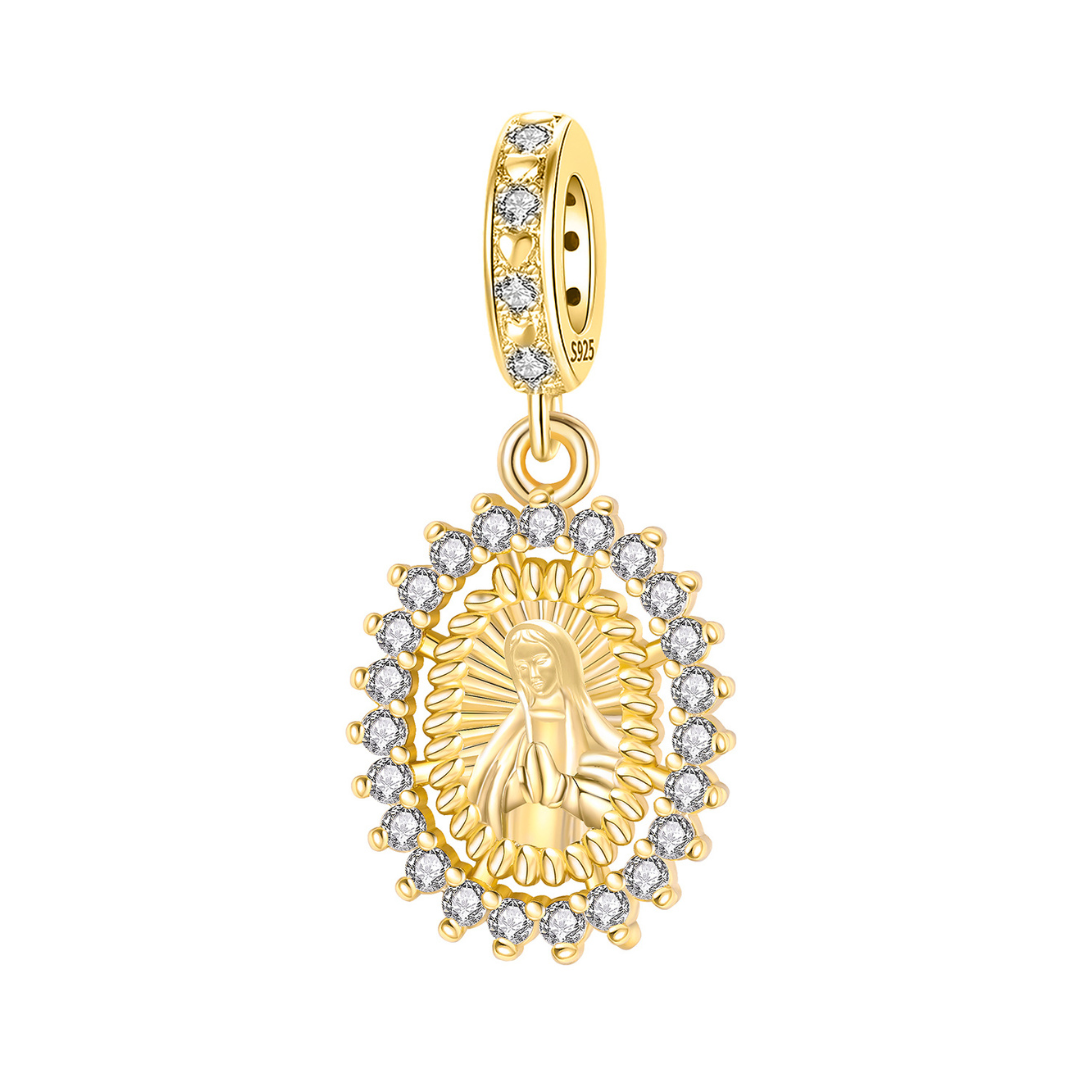 Golden Virgin Mary Dangle Charm with sparkling stones, symbolizing faith and protection.