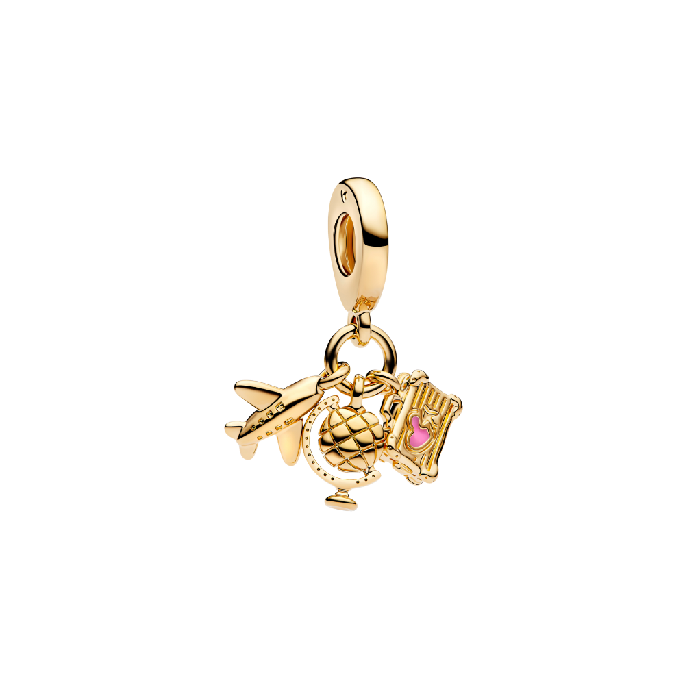 Golden Wanderlust Travel Dangle Charm featuring airplane, globe, and suitcase charms in gold.