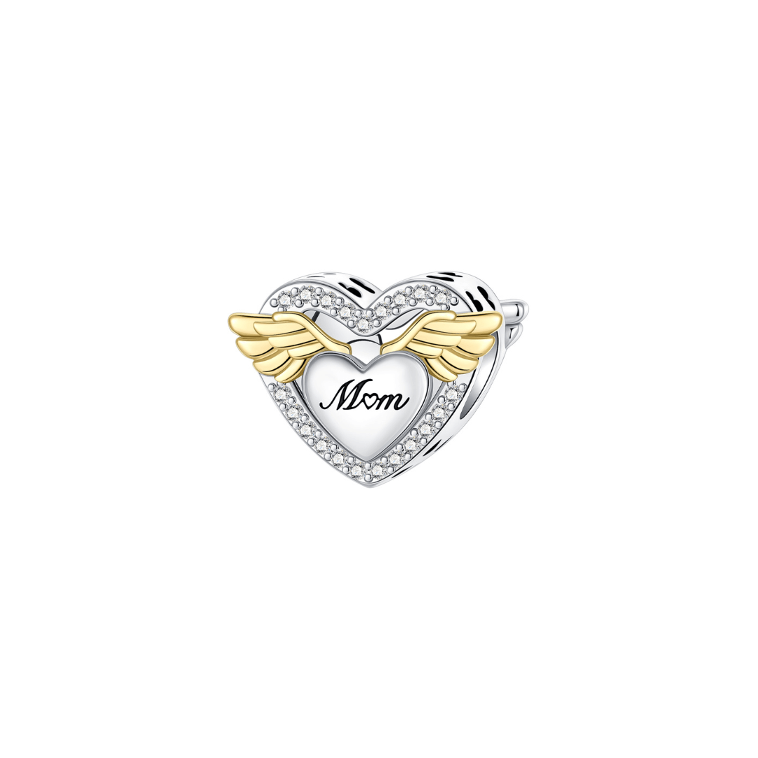 Golden Wings Mum Angel Heart Charm featuring a silver heart and gold angel wings, engraved with 'Mum'.