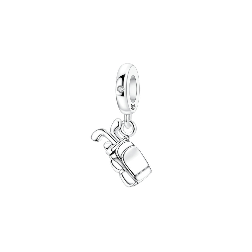 Golf Bag and Clubs Dangle Charm in polished silver with crystal detail, perfect gift for golf lovers.