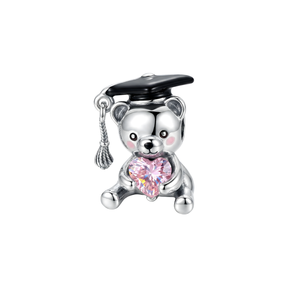 Silver Graduation Bear Pink Heart Charm with black mortarboard and pink heart stone.