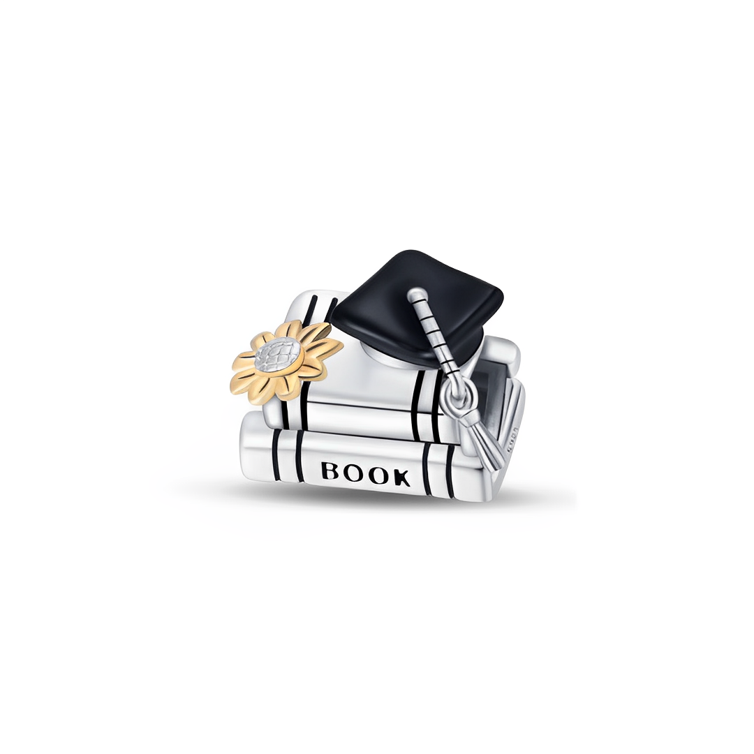 Graduation Books and Cap Sunflower Charm featuring silver books, black cap, diploma scroll, and golden sunflower.