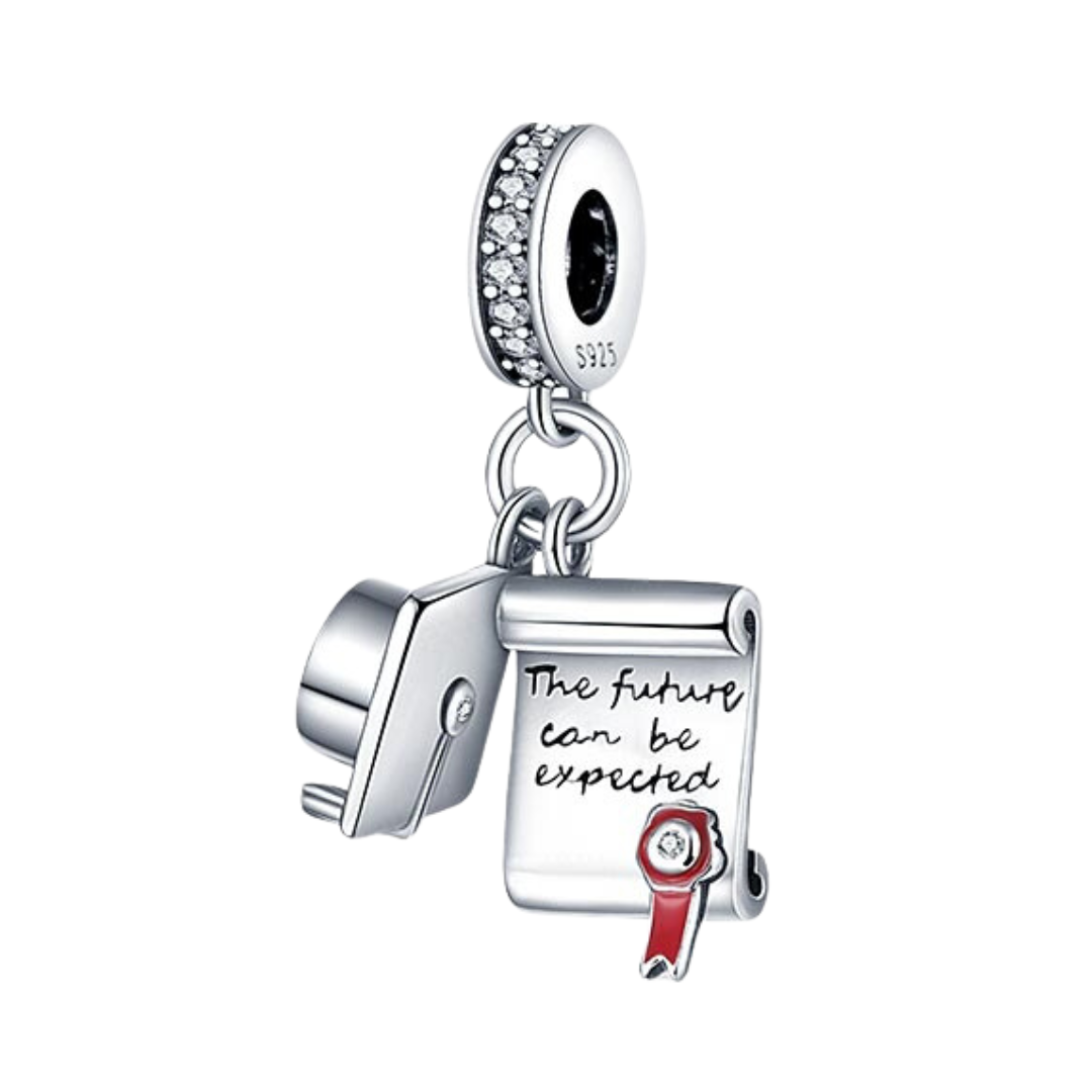 Graduation Cap & Diploma Dangle Charm ( DISCONTINUED ) with sparkling bail and engraved diploma scroll.