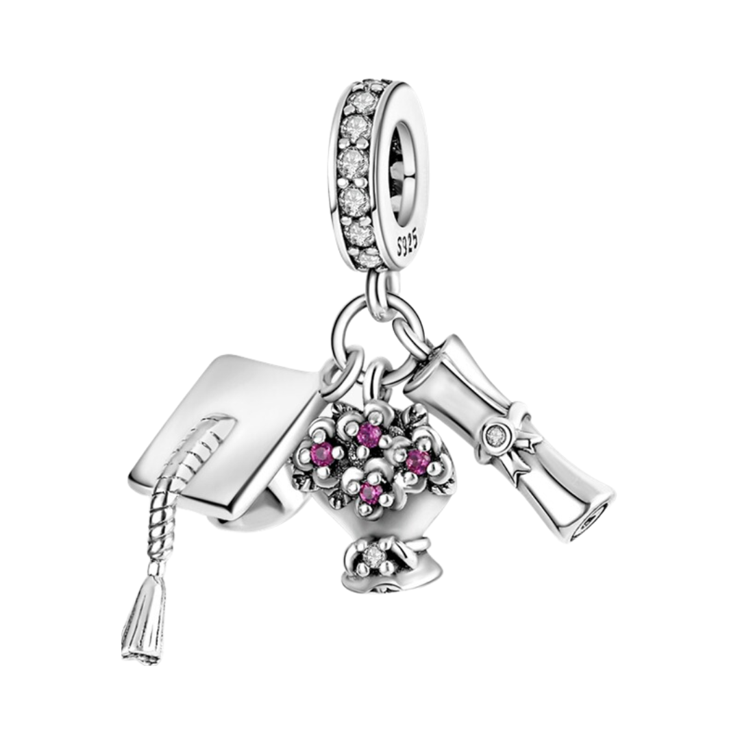 Graduation Cap Diploma Flowers Dangle Charm featuring a cap, diploma, and flower bouquet with sparkling details.