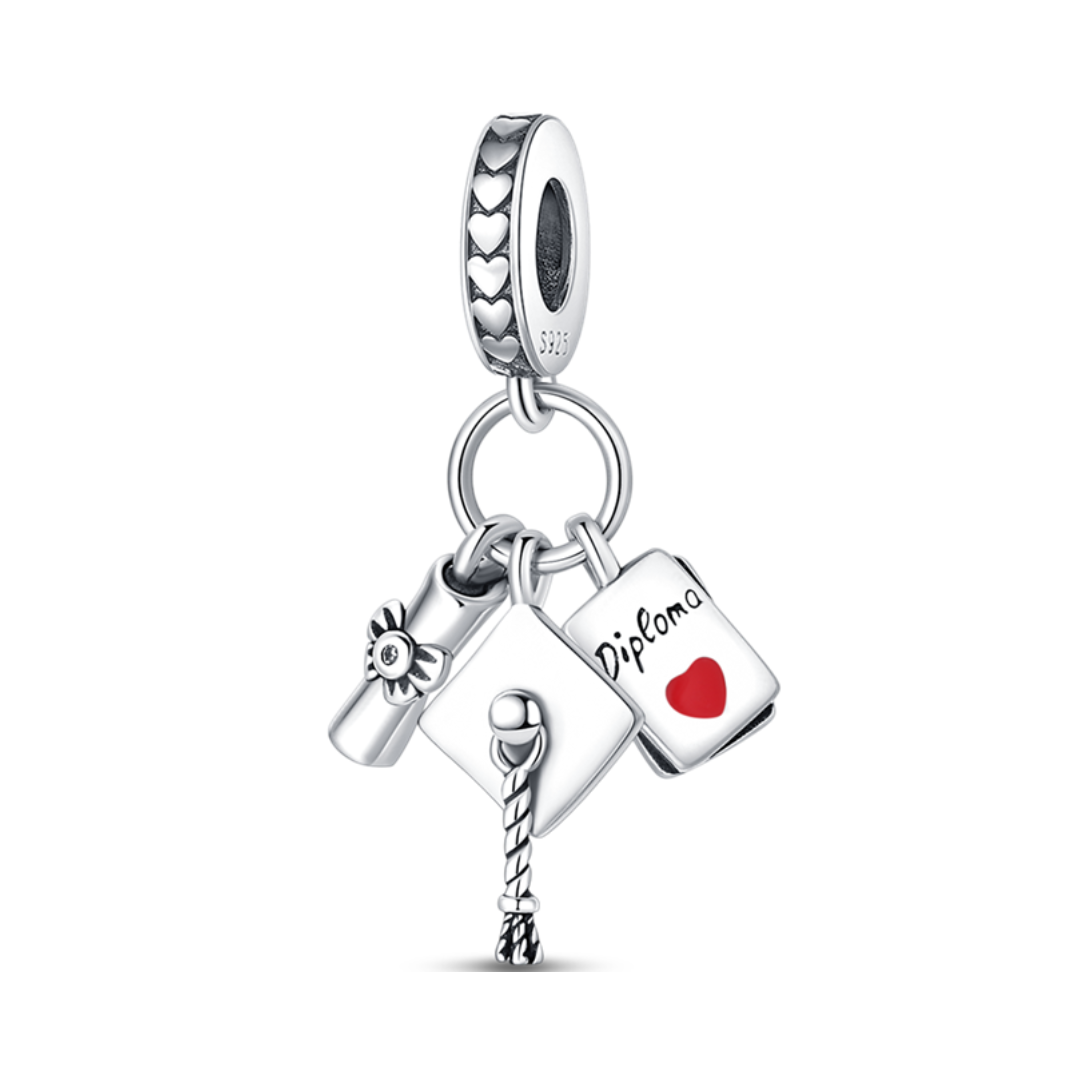 Graduation Diploma & Cap Triple Dangle Charm ( Discontinued ) showcasing a cap, diploma, and book dangle.